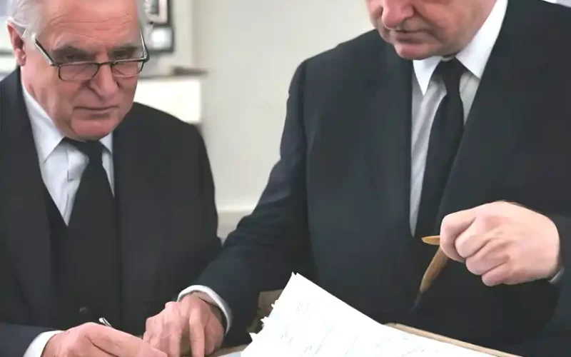 Zwei Herren in dunklen Anzügen unterzeichnen einen Vertrag