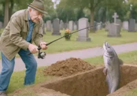 Ein älterer Herr steht mit einer Angel neben einem Grab und zieht einen großen Fisch heraus.