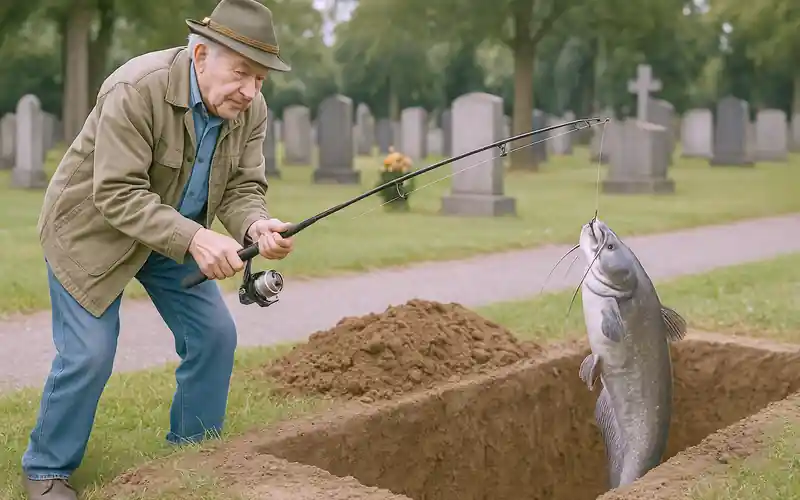 Ein älterer Herr steht mit einer Angel neben einem Grab und zieht einen großen Fisch heraus.