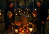 Eine Familie an einem Grab