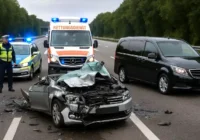 Polizeiauto, Krankenwagen und Leichenwagen auf der Autobahn hinter einem schwer zerstörten Auto