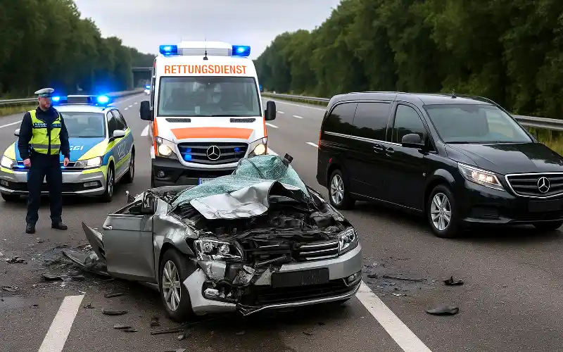 Polizeiauto, Krankenwagen und Leichenwagen auf der Autobahn hinter einem schwer zerstörten Auto