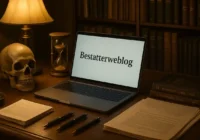 Ein Schreibtisch mit einem Laptop, einem Totenkopf und einer Sanduhr.