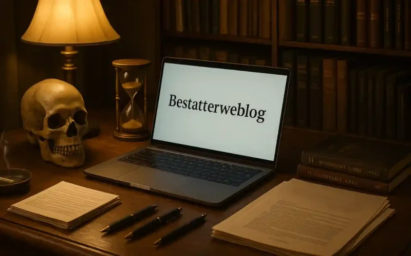 Ein Schreibtisch mit einem Laptop, einem Totenkopf und einer Sanduhr.