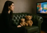 Eine Frau sitzt auf einem Chesterfield-Sofa und sieht fern. Neben ihr sitzen zwei Stoff-Teddybären