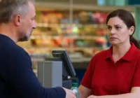 Ein Kunde steht beim Discounter an der Kasse einer Kassiererin gegenüber