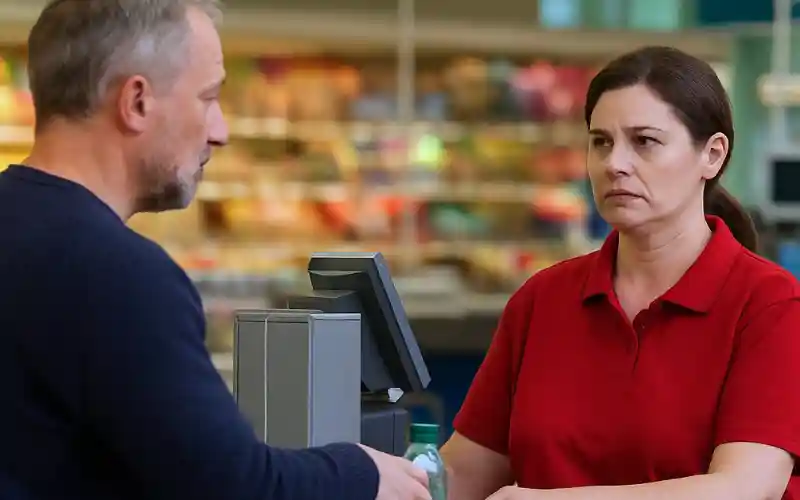 Ein Kunde steht beim Discounter an der Kasse einer Kassiererin gegenüber