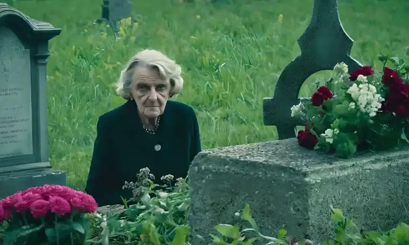 alte Frau bei der Grabpflege