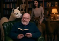 Ein Mann sitzt im Wohnzimmer auf einem Sessel und liest ein Buch. Ein Alpaka steht neben ihm und leckt seine Glatze