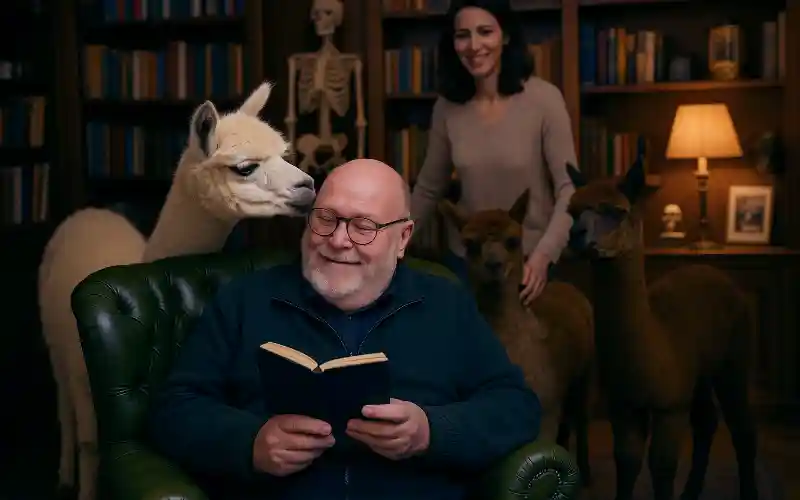 Ein Mann sitzt im Wohnzimmer auf einem Sessel und liest ein Buch. Ein Alpaka steht neben ihm und leckt seine Glatze