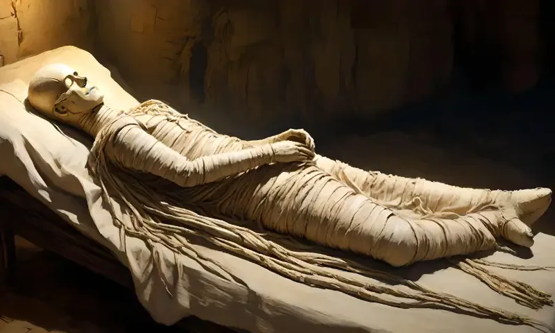 Ein mumifizierter Mann liegt auf einem Bett