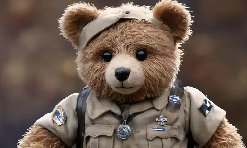 Ein Teddybär in einer alten Uniform