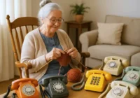 Eine alte Dame strickt und bewacht dabei mehrere Telefone