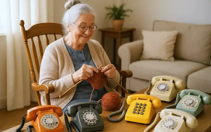 Eine alte Dame strickt und bewacht dabei mehrere Telefone