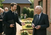 Ein Herr steht vor der Trauerhalle und raucht. Der Pastor kommt hinzu.