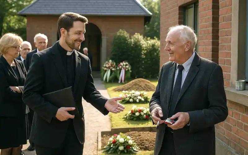 Ein Herr steht vor der Trauerhalle und raucht. Der Pastor kommt hinzu.