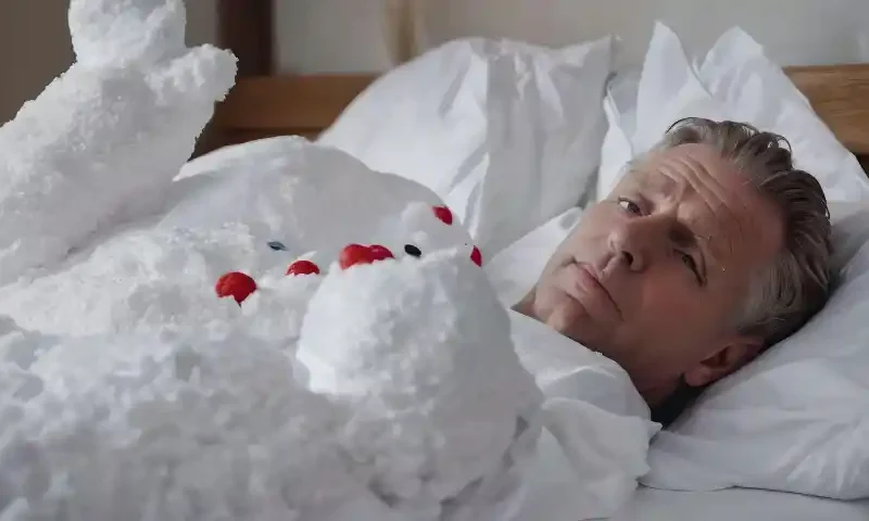 Ein Mann liegt im Bett und trägt ein Schneemannkostüm