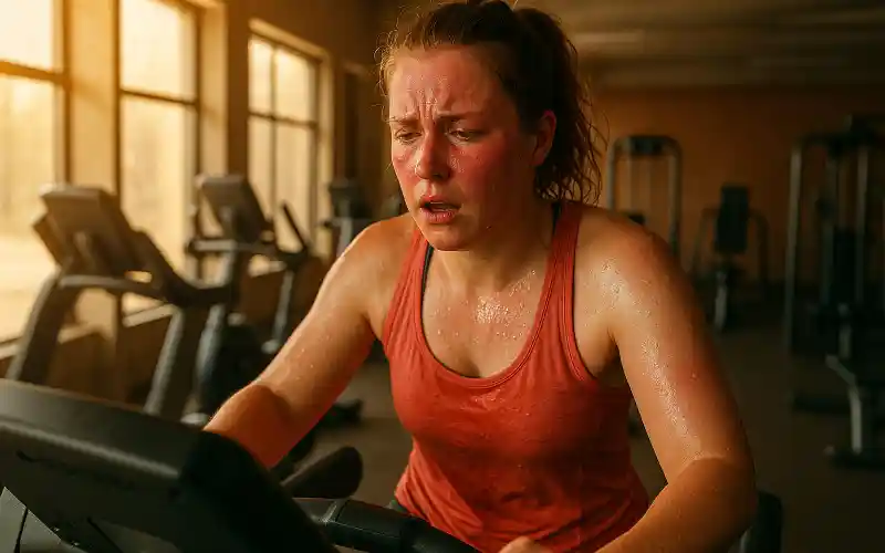 Junge Frau trainiert angestrengt im Sportstudio
