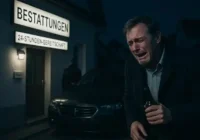 Ein Herr steht betrunken und weinend bei Nacht vor einem Bestattungshaus und will nach Hause gebracht werden