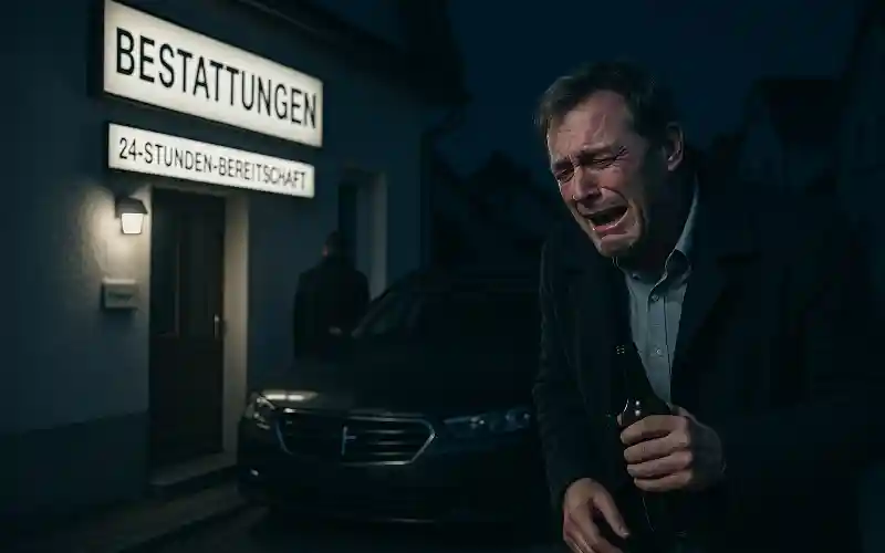 Ein Herr steht betrunken und weinend bei Nacht vor einem Bestattungshaus und will nach Hause gebracht werden