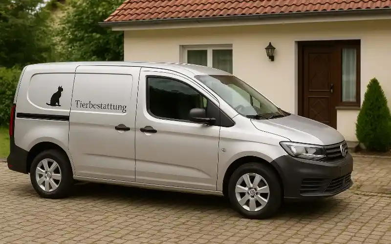 Ein Kleintransporter eines Tierbestatters vor einem Haus