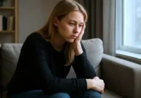 eine junge Frau sitzt in ihrem Wohnzimmer und bläst Trübsal