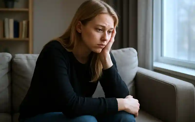 eine junge Frau sitzt in ihrem Wohnzimmer und bläst Trübsal