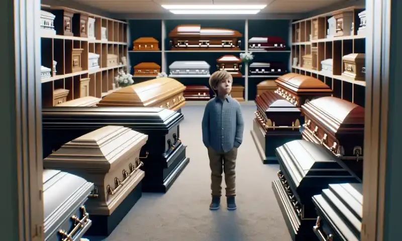 Ein kleiner Junge steht ratlos vor den ausgestellten Särgen in einem Bestattungsinstitut