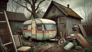 Ein heruntergekommener, kleiner Wohnwagen vor einer windschiefen Gartenlaube.